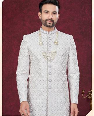 Grey off white embroidered jacket attached indo-western sherwani set with thread, stone & fancy button work. 2