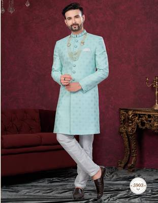 Mint green embroidered jacket attached indo-western sherwani set with thread, stone & fancy button work. 1