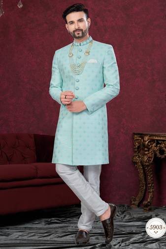 Mint green embroidered jacket attached indo-western sherwani set with thread, stone & fancy button work.