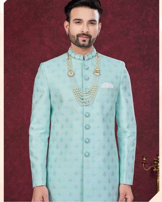 Mint green embroidered jacket attached indo-western sherwani set with thread, stone & fancy button work. 2