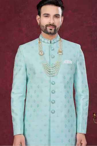 Mint green embroidered jacket attached indo-western sherwani set with thread, stone & fancy button work.