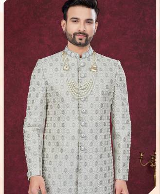 Grey embroidered jacket attached indo-western sherwani set with thread, stone & fancy button work. 2