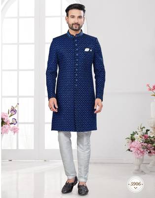 Blue black velvet embroidered  indo-western sherwani set with thread, stone & fancy button work. 1