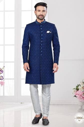 Blue black velvet embroidered  indo-western sherwani set with thread, stone & fancy button work.