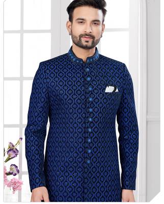 Blue black velvet embroidered  indo-western sherwani set with thread, stone & fancy button work. 2
