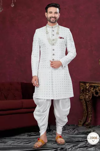 Off white embroidered jacket attached indo-western sherwani set with thread, stone & fancy button work.