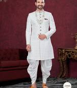 Off white embroidered jacket attached indo-western sherwani set with thread, stone & fancy button work.