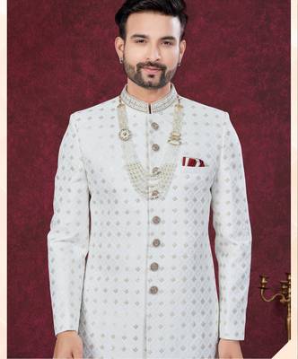 Off white embroidered jacket attached indo-western sherwani set with thread, stone & fancy button work. 2