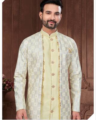 Light yellow embroidered jacket attached indo-western sherwani set with thread, stone & fancy button work. 2