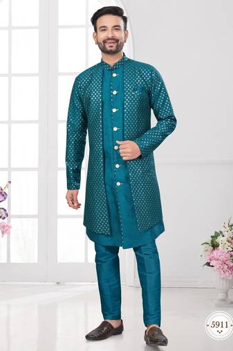 Green embroidered jacket attached indo-western sherwani set with thread, stone & fancy button work.