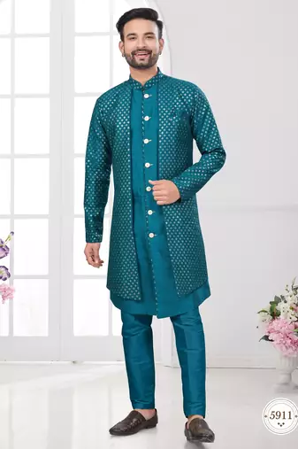 Green embroidered jacket attached indo-western sherwani set with thread, stone & fancy button work.