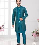 Green embroidered jacket attached indo-western sherwani set with thread, stone & fancy button work.