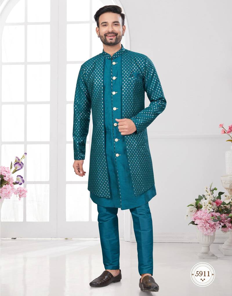 Green embroidered jacket attached indo-western sherwani set with thread, stone & fancy button work.