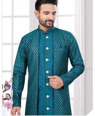 Green embroidered jacket attached indo-western sherwani set with thread, stone & fancy button work. 2
