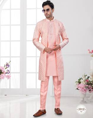 Peach embroidered jacket attached indo-western sherwani set with thread, stone & fancy button work. 1