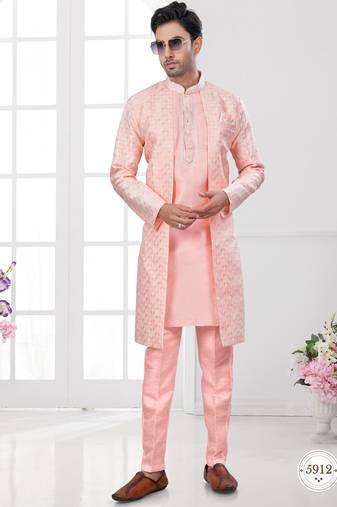 Peach embroidered jacket attached indo-western sherwani set with thread, stone & fancy button work.