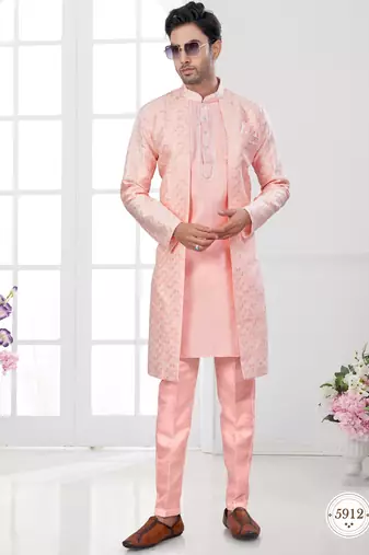 Peach embroidered jacket attached indo-western sherwani set with thread, stone & fancy button work.