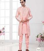 Peach embroidered jacket attached indo-western sherwani set with thread, stone & fancy button work.