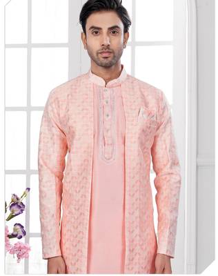 Peach embroidered jacket attached indo-western sherwani set with thread, stone & fancy button work. 2