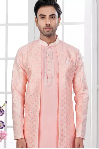 Peach embroidered jacket attached indo-western sherwani set with thread, stone & fancy button work.