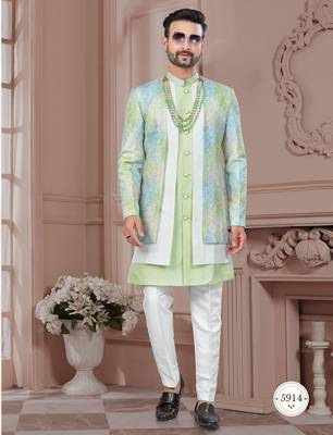 Pist green embroidered jacket attached indo-western sherwani set with thread, stone & fancy button work. 1