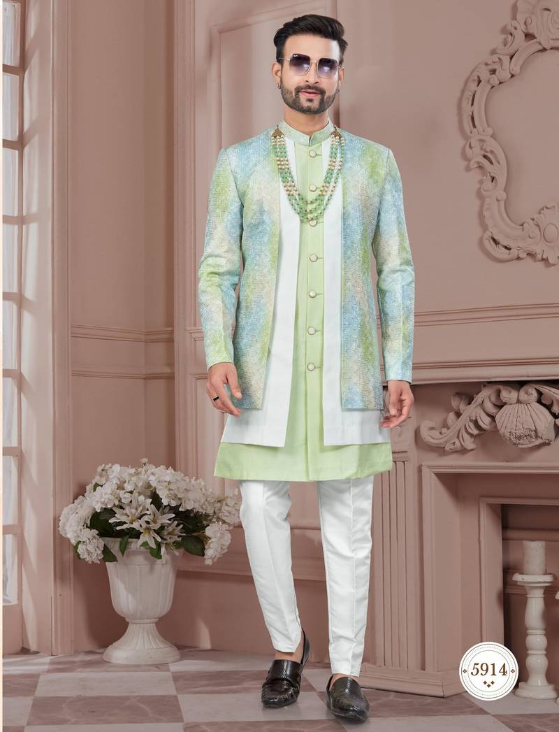 Pist green embroidered jacket attached indo-western sherwani set with thread, stone & fancy button work.