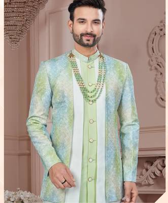 Pist green embroidered jacket attached indo-western sherwani set with thread, stone & fancy button work. 2