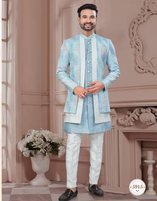 Blue embroidered jacket attached indo-western sherwani set with thread, stone & fancy button work. 1