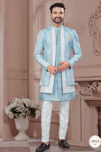 Blue embroidered jacket attached indo-western sherwani set with thread, stone & fancy button work.