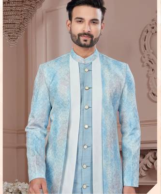 Blue embroidered jacket attached indo-western sherwani set with thread, stone & fancy button work. 2