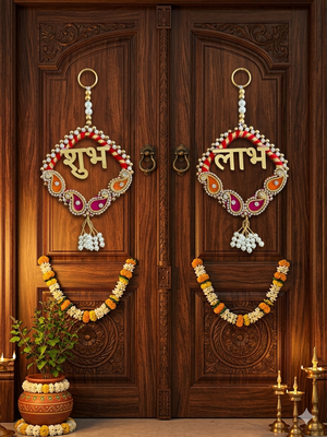 traditional shubh labh booti chudi wall hanging for main door  perfect for home decor (pack of 2) 2