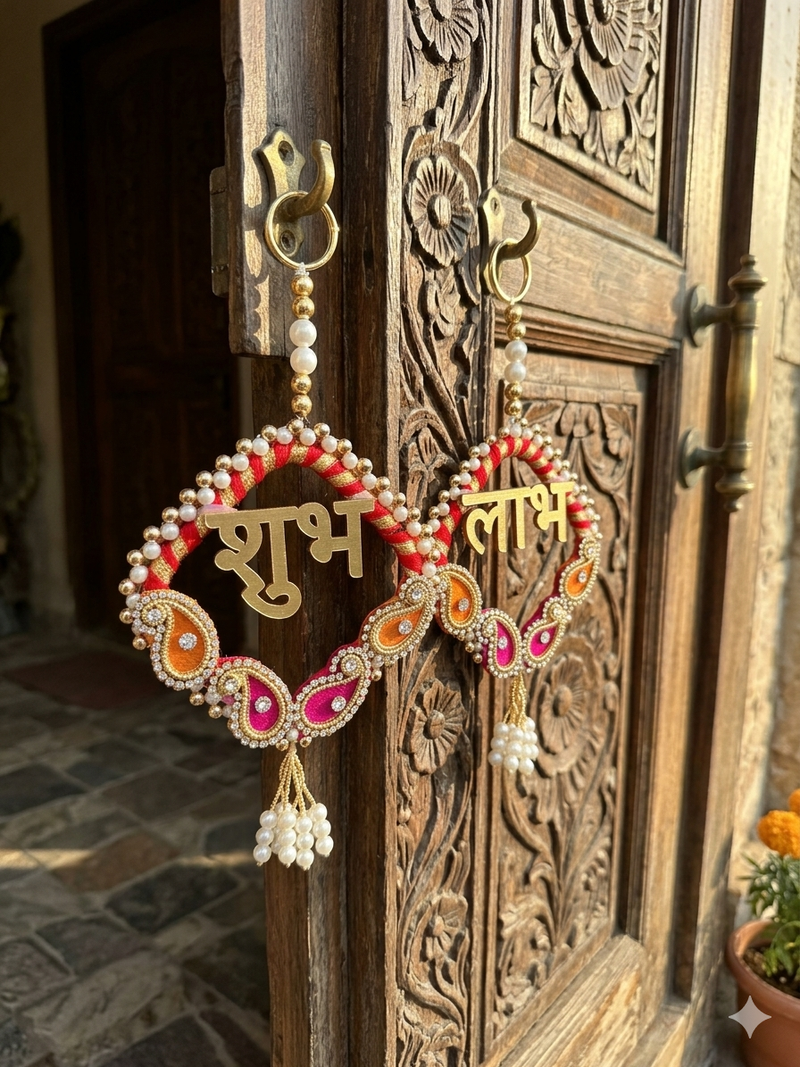 traditional shubh labh booti chudi wall hanging for main door  perfect for home decor (pack of 2)