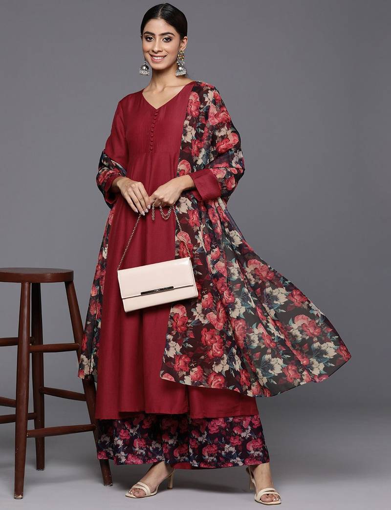 Floral Anarkali Kurta with Palazzos & Dupatta