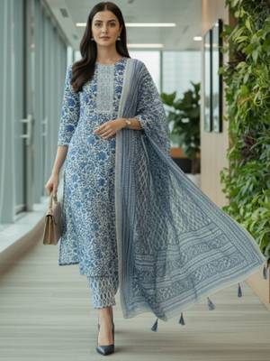 Women Floral Printed Regular Pure Cotton Kurta with Trousers & With Dupatta 1