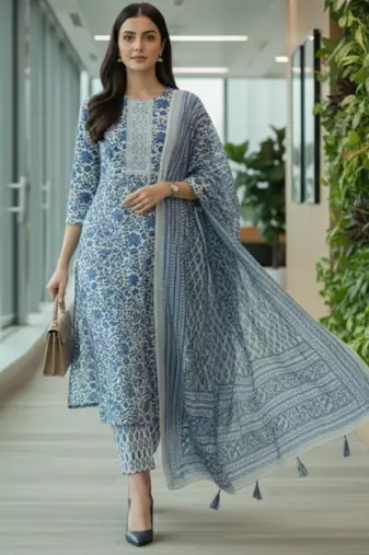 Women Floral Printed Regular Pure Cotton Kurta with Trousers & With Dupatta