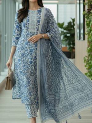 Women Floral Printed Regular Pure Cotton Kurta with Trousers & With Dupatta 2