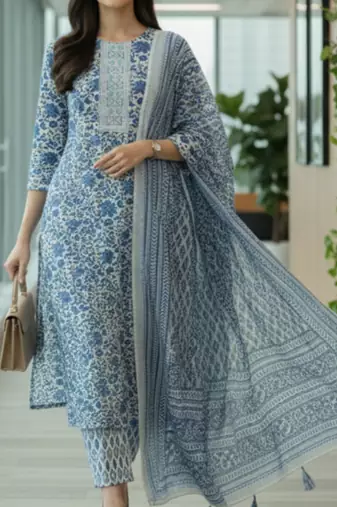 Women Floral Printed Regular Pure Cotton Kurta with Trousers & With Dupatta