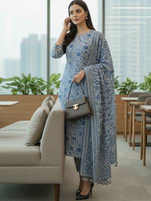 Women Floral Printed Regular Pure Cotton Kurta with Trousers & With Dupatta 5
