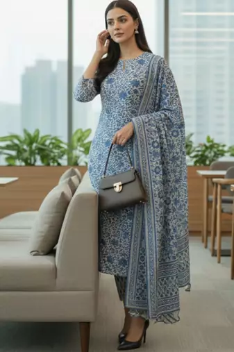 Women Floral Printed Regular Pure Cotton Kurta with Trousers & With Dupatta