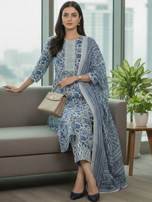 Women Floral Printed Regular Pure Cotton Kurta with Trousers & With Dupatta 6