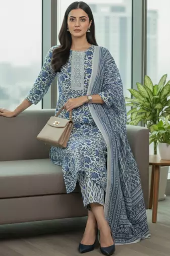 Women Floral Printed Regular Pure Cotton Kurta with Trousers & With Dupatta