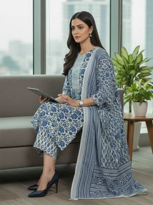 Women Floral Printed Regular Pure Cotton Kurta with Trousers & With Dupatta 7