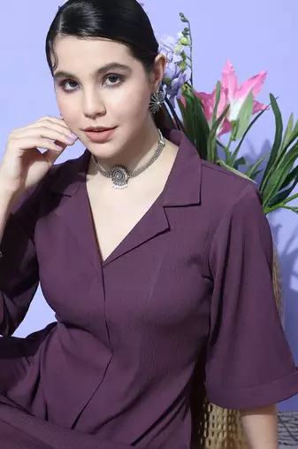 Purple Textured A line Front Placket Flared Sleeve Kurta with Kurta