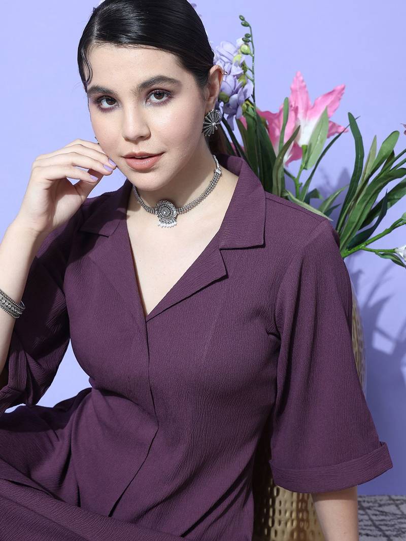 Purple Textured A line Front Placket Flared Sleeve Kurta with Kurta