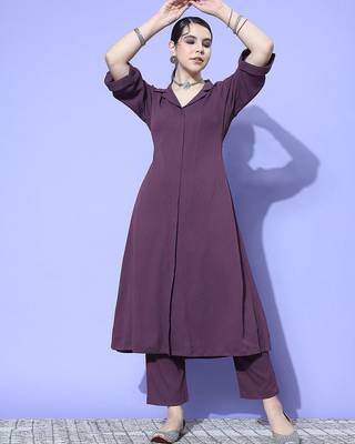 Purple Textured A line Front Placket Flared Sleeve Kurta with Kurta 1