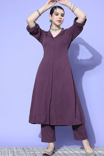 Purple Textured A line Front Placket Flared Sleeve Kurta with Kurta
