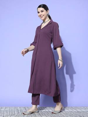 Purple Textured A line Front Placket Flared Sleeve Kurta with Kurta 3