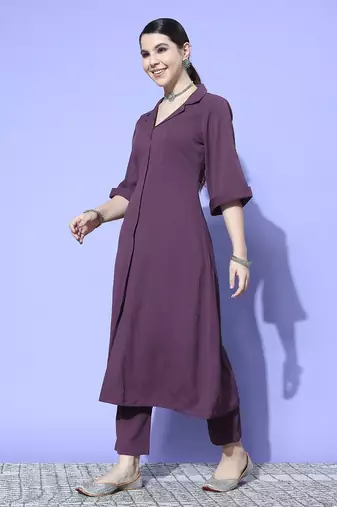 Purple Textured A line Front Placket Flared Sleeve Kurta with Kurta