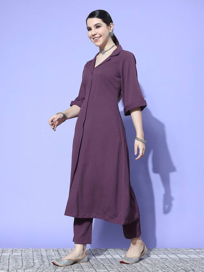 Purple Textured A line Front Placket Flared Sleeve Kurta with Kurta