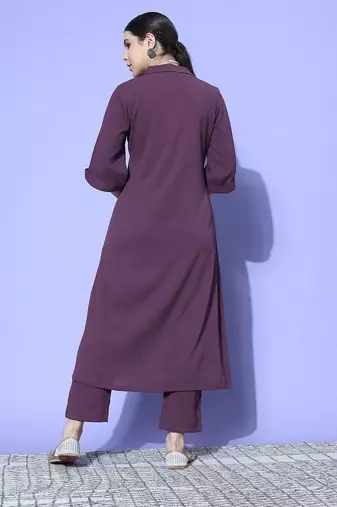 Purple Textured A line Front Placket Flared Sleeve Kurta with Kurta
